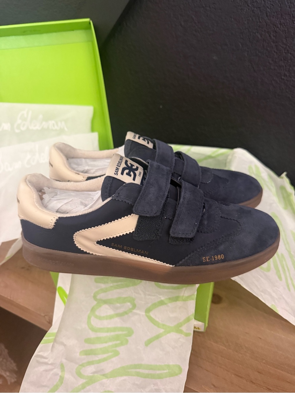 Sam Edelman Navy & Cream Suede Velcro Sneakers - true Navy blue -worn TWICE